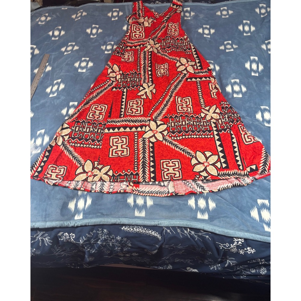 Holo Holo Hawaii Red Tribal Floral Tapa Print V-Neck Maxi Dress Sleeveless